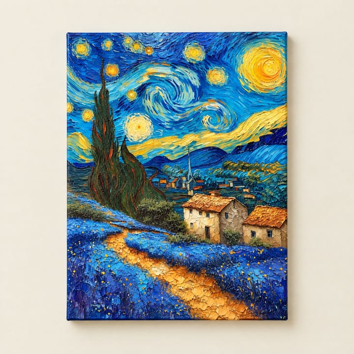 Starry village design: a village lane under a swirling night sky