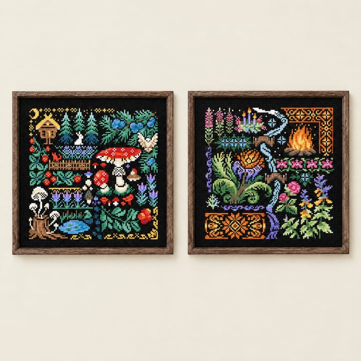 The Mushroom forest and Greenhouse cross stitch designs side by side