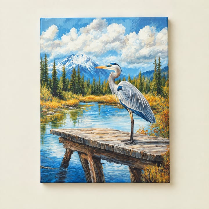 Heron dock design: a gray heron on a wooden dock by a river