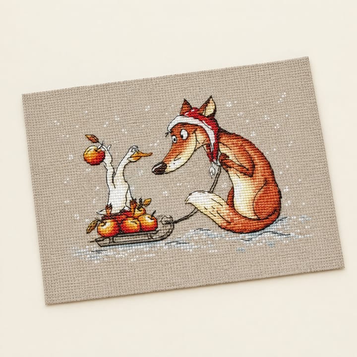Fox and Hen Cross Stitch Kit, Fox pulling hen on sled