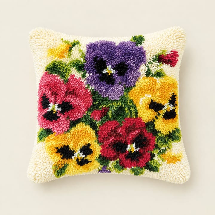 Pansies latch hook pillow, 17 x 17 in