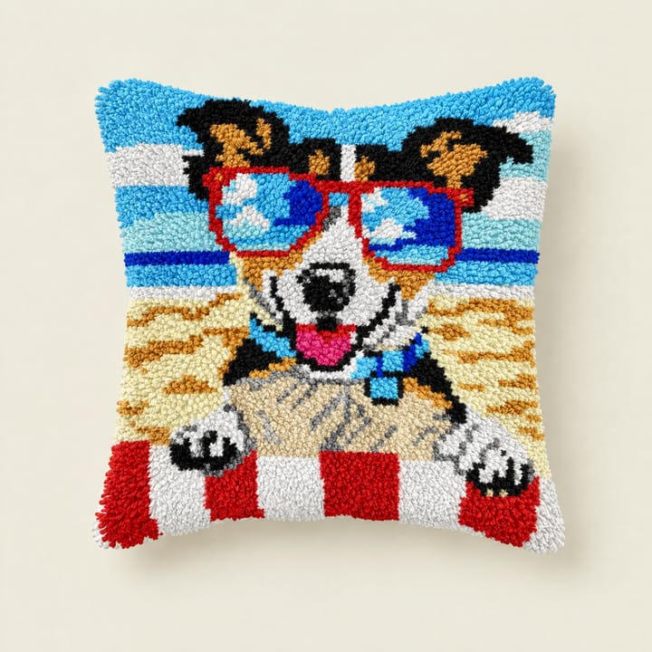 Beach dog latch hook pillow, 17 x 17 in