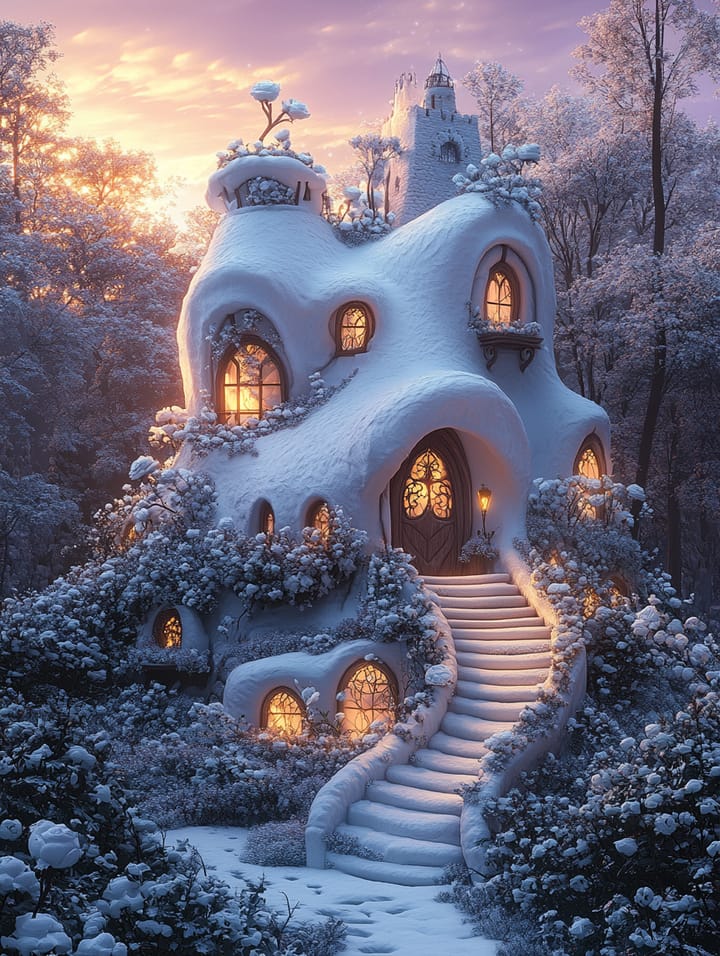 Snow cottage design: a round white cottage on a winter evening