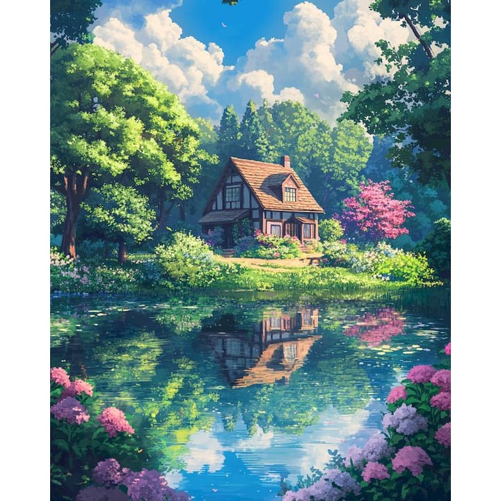 Garden cottage design: a timber cottage with pink flowers by a pond