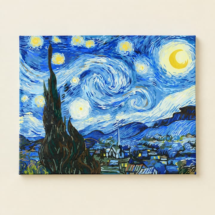 The Starry Night paint by number design with the cypress and swirling sky