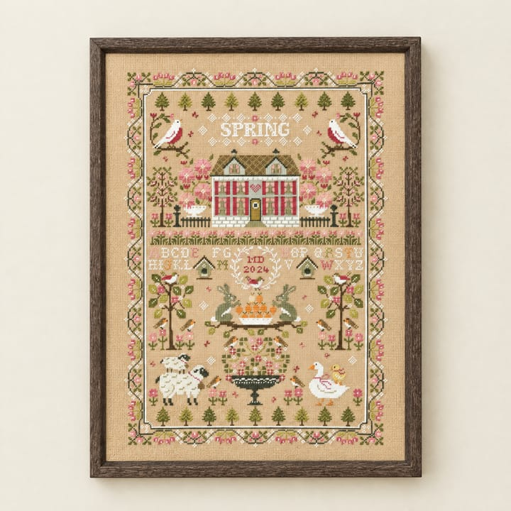 Spring house sampler cross stitch on flax Aida with a red house, birds and an alphabet, framed
