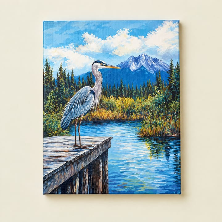Heron at rest design: the heron standing tall on the dock