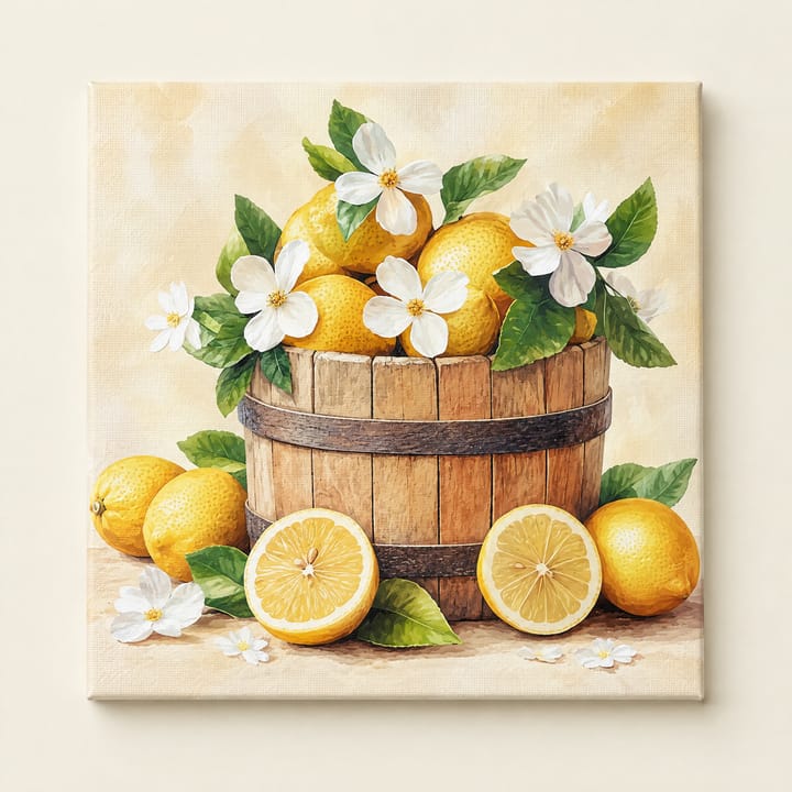 Lemon basket design: a wooden tub of lemons with white blossom