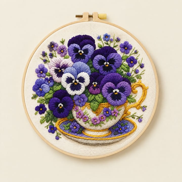 Pansy teacup embroidery hoop on a shelf with dried grasses