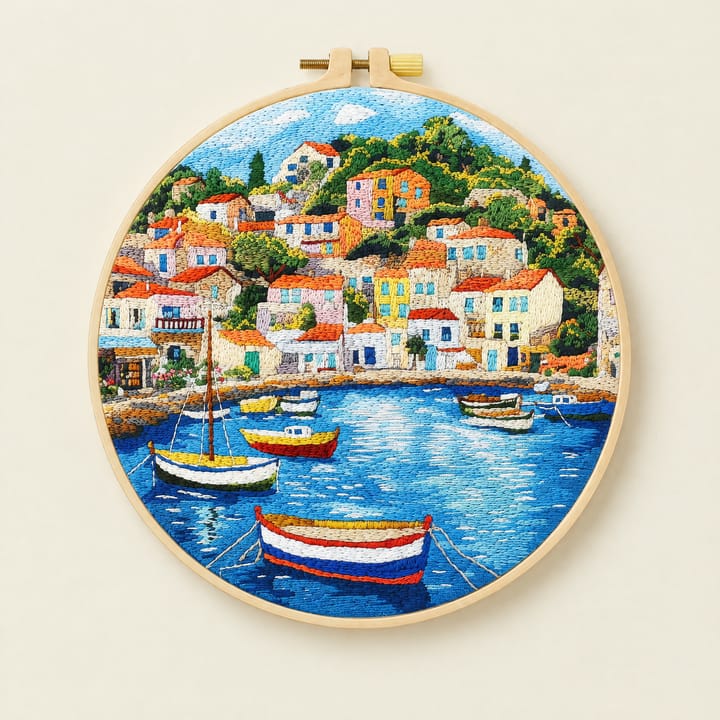 Harbor village embroidery hoop on a sunny yellow shelf