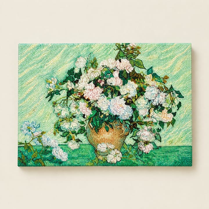 White roses design: a vase of white roses on a soft green ground
