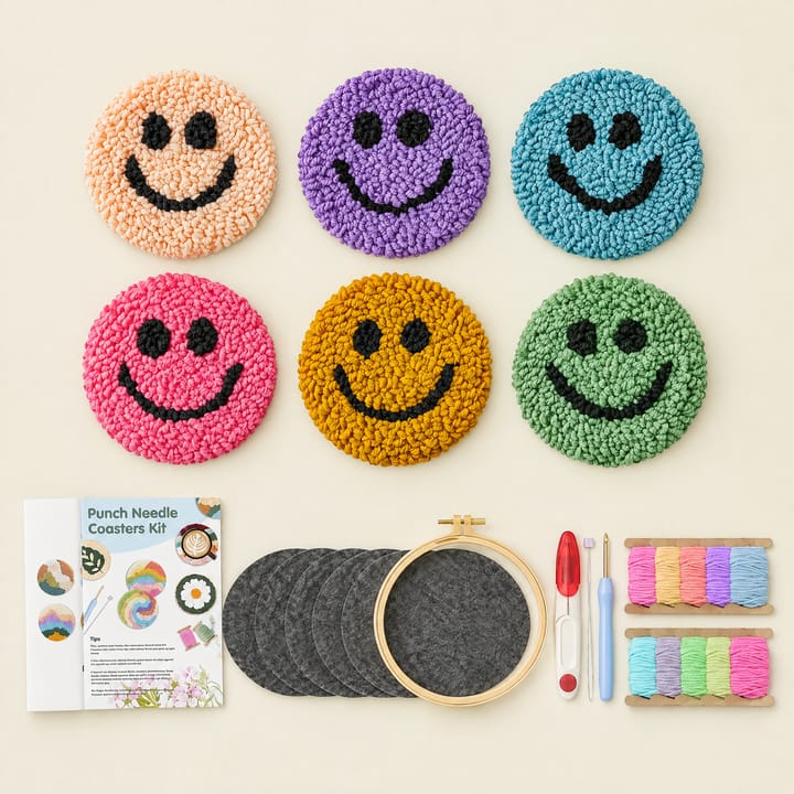 Smiley faces punch needle coasters with the kit
