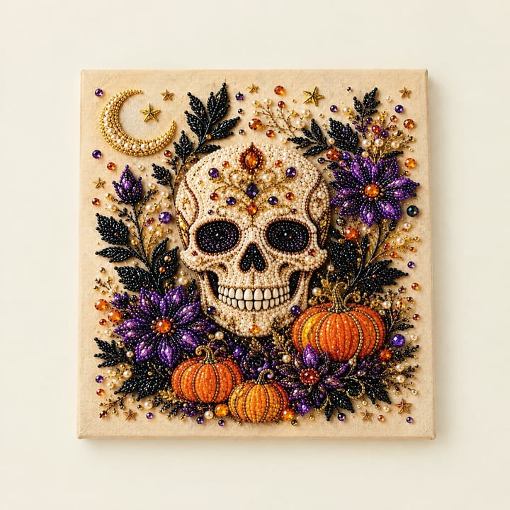Haunted Harvest Diamond Art Kit, Skeleton with pumpkins