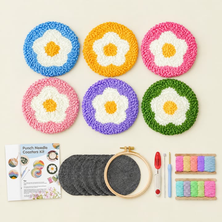 Daisy rounds punch needle coasters with the kit
