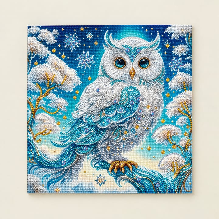 Owl on Branches Diamond Art Kit, White and blue owl