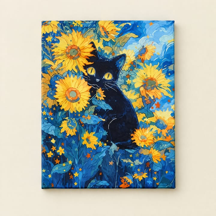 Starry Cat Paint by Number Kit, Black cat among sunflowers