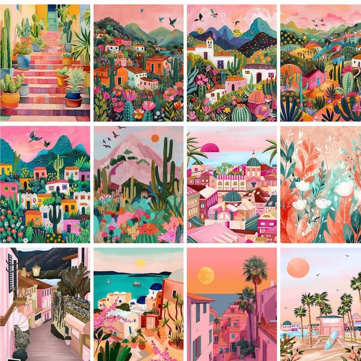 Pastel town paint by number designs side by side