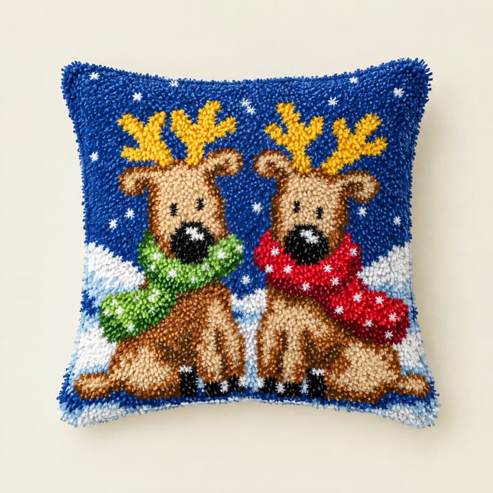 Two reindeer Christmas latch hook pillow, 17 x 17 in