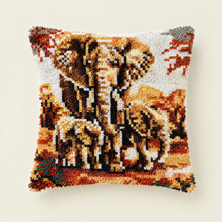 Elephant family latch hook pillow, 17 x 17 in