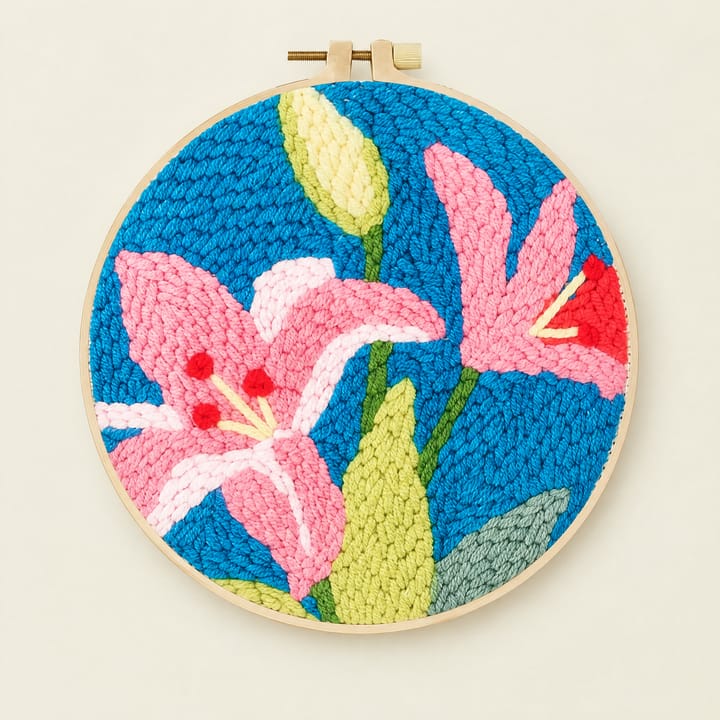 Floral Punch Needle Kit, Pink lilies on blue