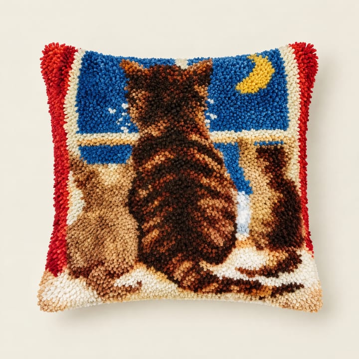 Cat at the window latch hook pillow, 17 x 17 in