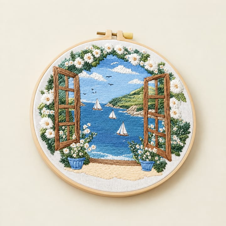 Window to the sea embroidery hoop on an easel by a window