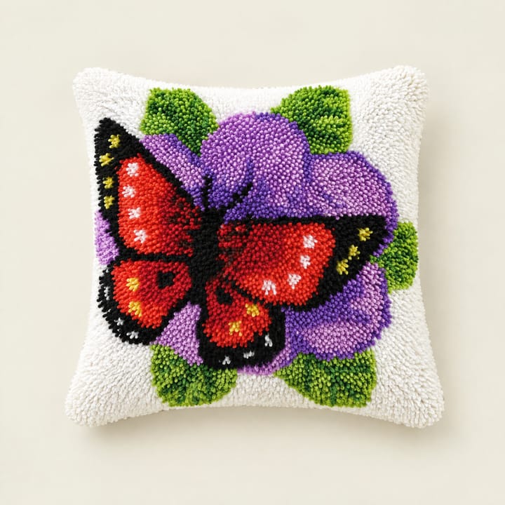 Red butterfly latch hook pillow, 17 x 17 in