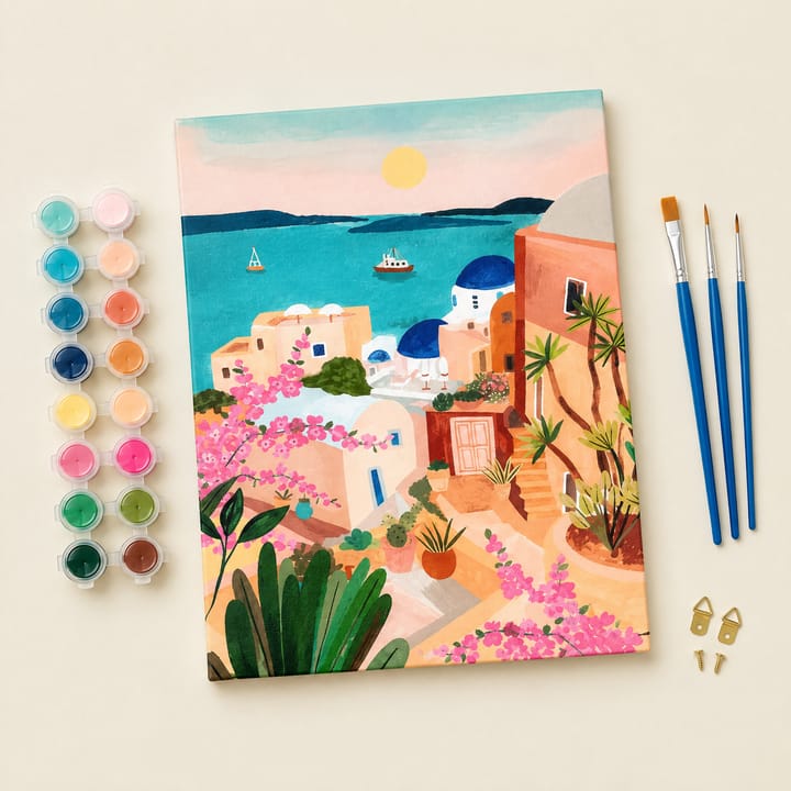 Island bay design: white houses with blue domes above a turquoise bay