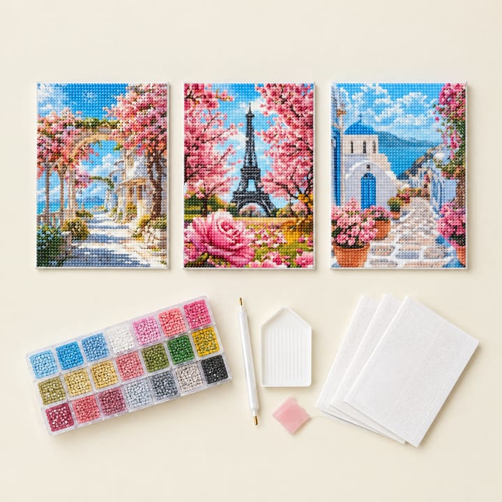 Garden arch, Paris blossom and Santorini steps canvases framed above a white sideboard