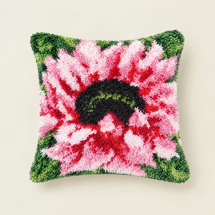 Pink dahlia latch hook pillow, 17 x 17 in