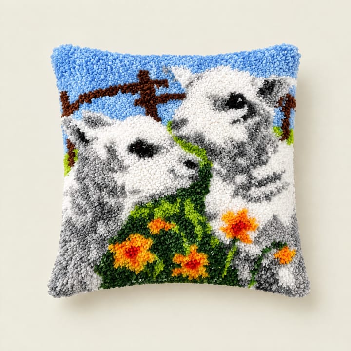 Lambs latch hook pillow, 17 x 17 in
