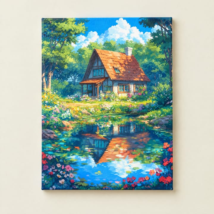 Pond cottage design: a red-roofed cottage mirrored in a pond