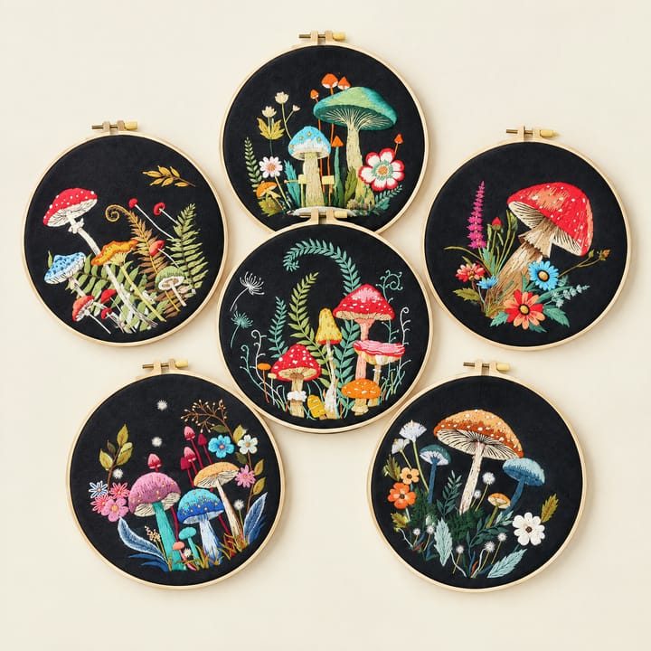 Six mushroom embroidery hoops on black fabric