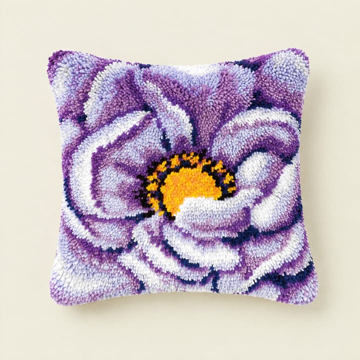 Purple anemone latch hook pillow, 17 x 17 in