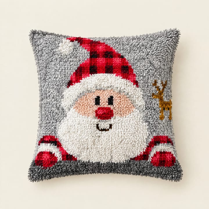 Nine Christmas latch hook pillows: Santa, snowmen, reindeer and a Nordic pattern