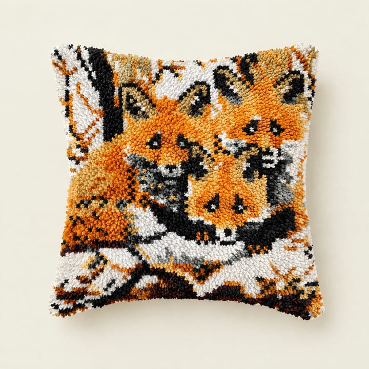Fox cubs latch hook pillow, 17 x 17 in