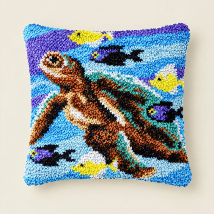 Sea turtle latch hook pillow, 17 x 17 in