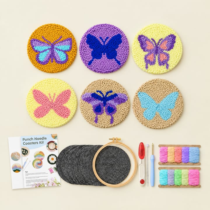 Butterflies punch needle coasters with the kit
