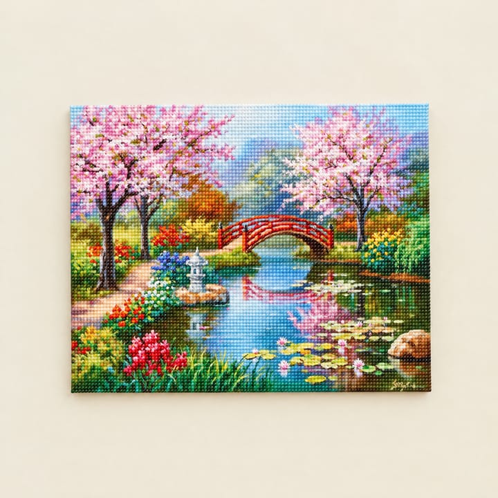 Cottage and Stream Diamond Art Kit, Pink blossoms and red bridge