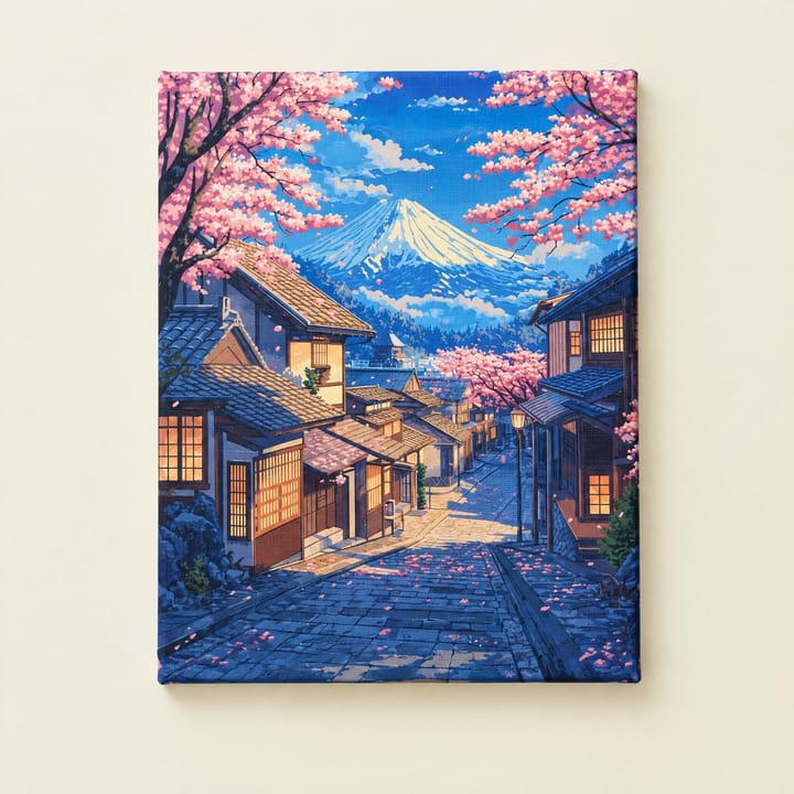 Fuji village design: tiled roofs under cherry branches with Fuji behind