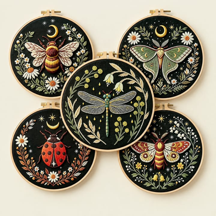 Five garden bug embroidery hoops on black fabric: ladybug, dragonfly, bee and moths