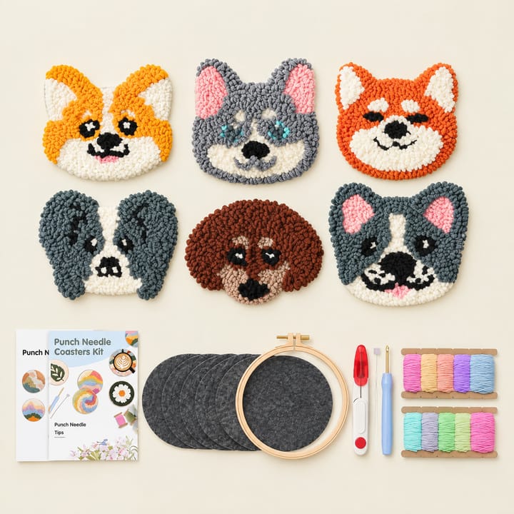 Shiba and husky punch needle dog coasters with the kit