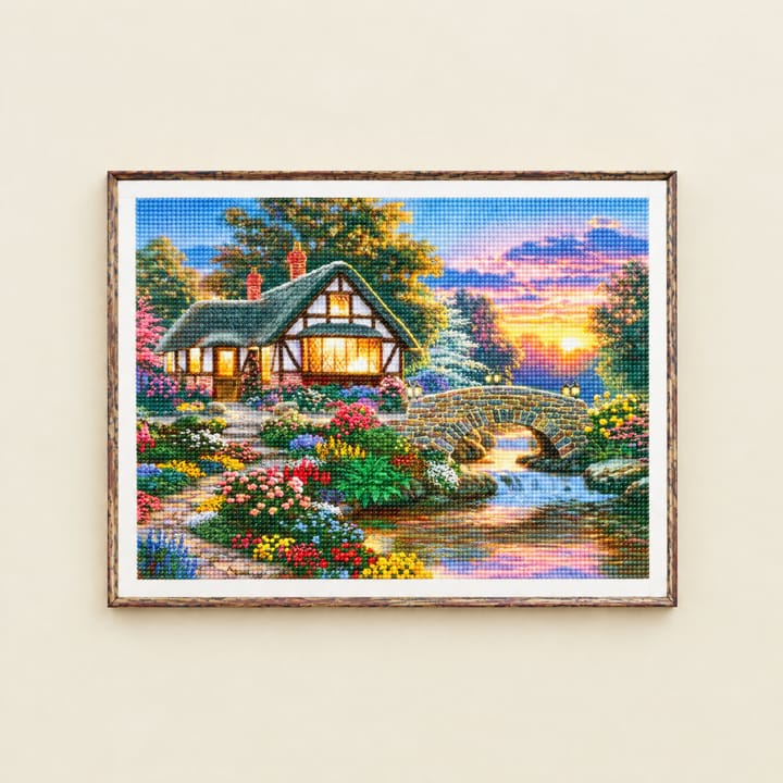 Cottage and Stream Diamond Art Kit, Cottage with stone bridge at sunset