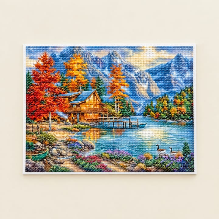 Cottage and Stream Diamond Art Kit, Wooden lodge on a mountain lake