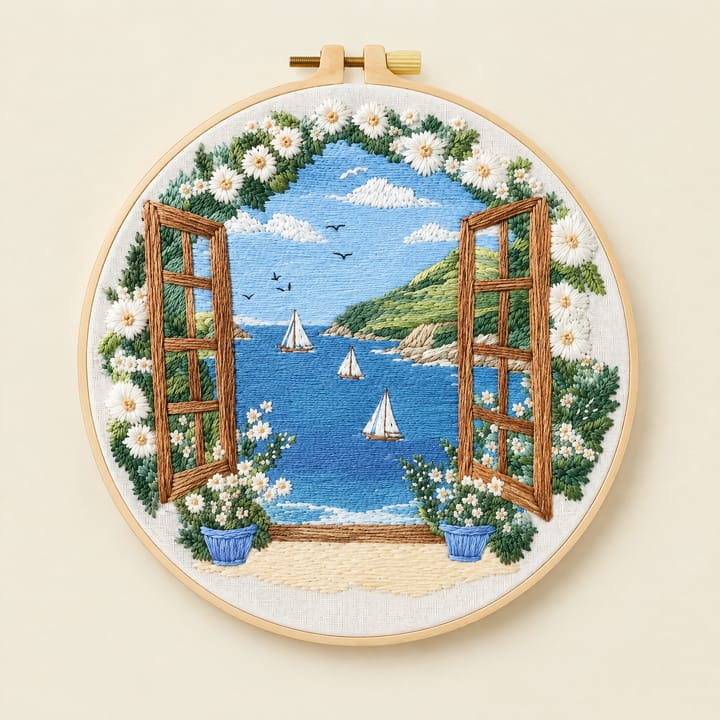 Window to the sea embroidery: open windows, white roses and sailboats