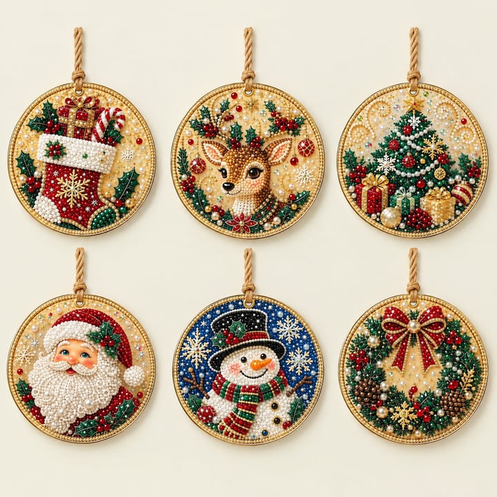 Christmas Ornament Diamond Art Kit, Snowflake stocking, snowflake reindeer, snowflake tree, snow