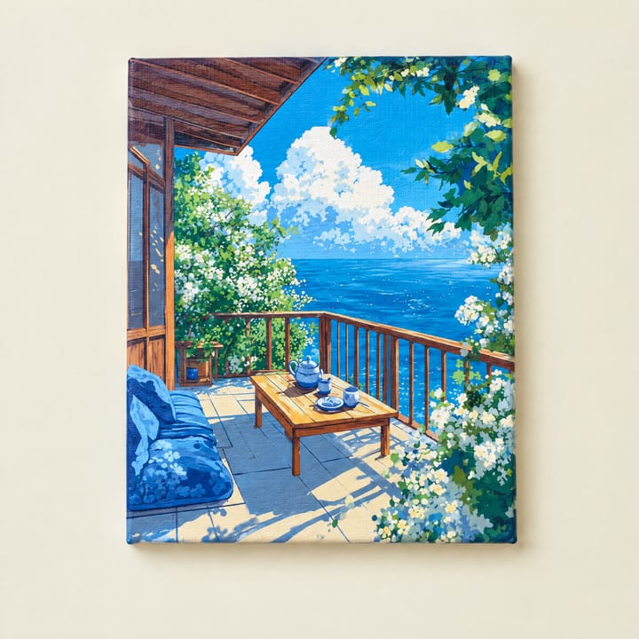 Sea balcony design: a shaded balcony with white blossom above a blue sea