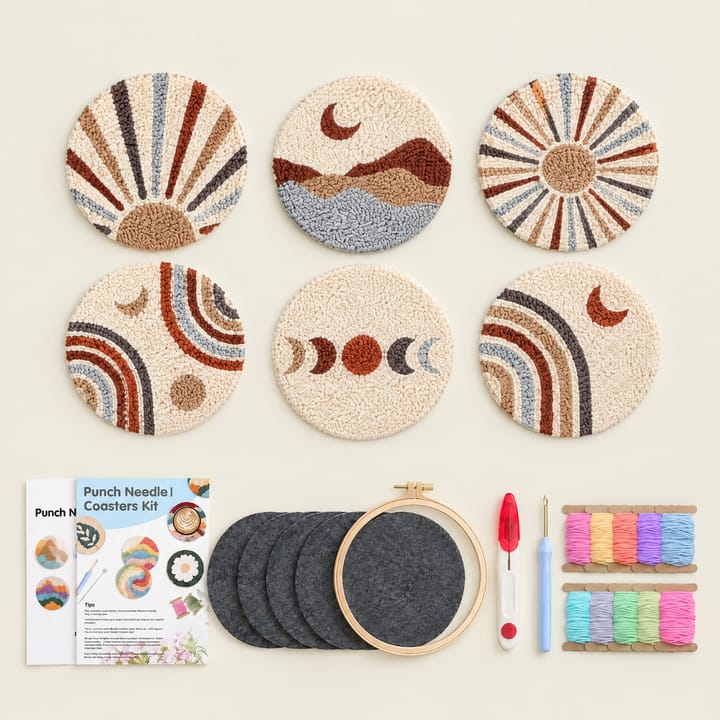 Suns and moons punch needle coasters with the kit