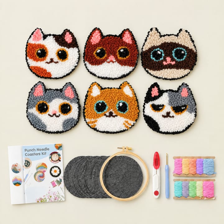 Big-eyed cats punch needle coasters with the kit