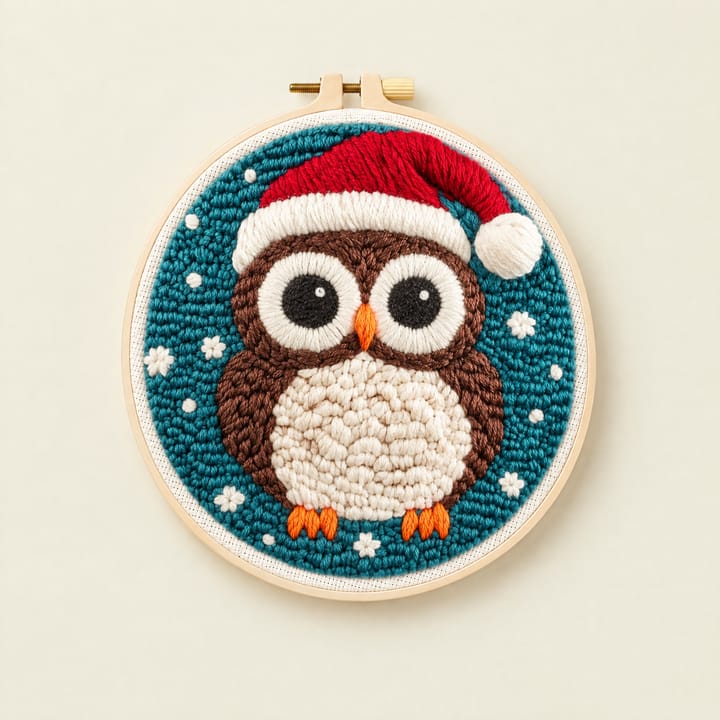 Cute Animal Punch Needle Kit, Owl with Santa hat